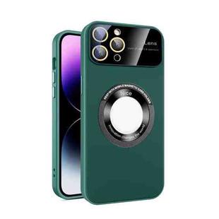 For iPhone 11 Pro Max Large Glass Window Magnetic Magsafe Phone Case with Lens Film(Green)