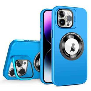 For iPhone 15 Pro Max Skin Feel Magnifier MagSafe Lens Holder Phone Case(Light Blue)