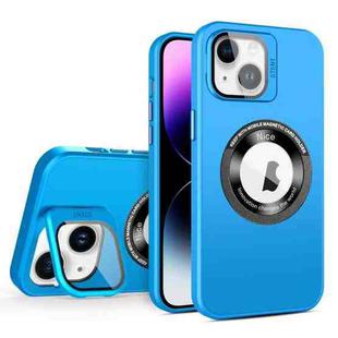 For iPhone 14 Skin Feel Magnifier MagSafe Lens Holder Phone Case(Light Blue)