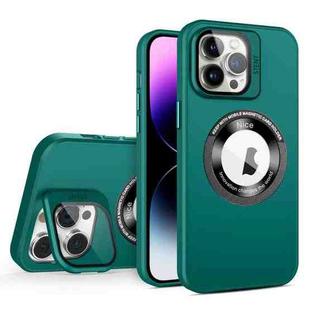 For iPhone 14 Pro Skin Feel Magnifier MagSafe Lens Holder Phone Case(Dark Green)