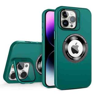 For iPhone 14 Pro Max Skin Feel Magnifier MagSafe Lens Holder Phone Case(Dark Green)