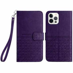 For iPhone 15 Pro Max Rhombic Texture Leather Phone Case with Lanyard(Purple)