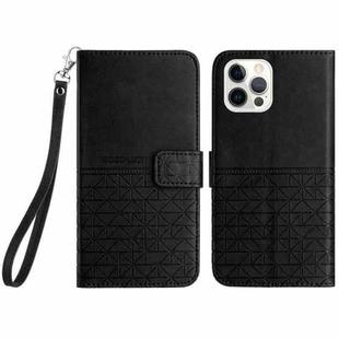 For iPhone 15 Pro Max Rhombic Texture Leather Phone Case with Lanyard(Black)