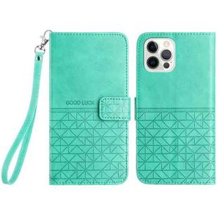 For iPhone 15 Pro Max Rhombic Texture Leather Phone Case with Lanyard(Green)