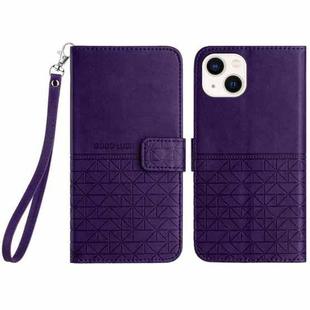 For iPhone 15 Plus Rhombic Texture Leather Phone Case with Lanyard(Purple)