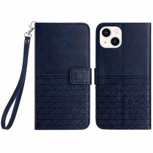 For iPhone 15 Plus Rhombic Texture Leather Phone Case with Lanyard(Blue)
