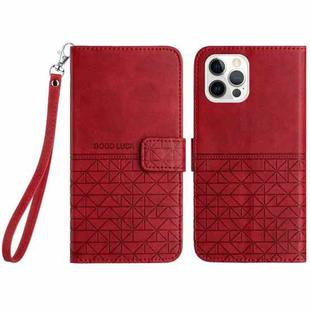 For iPhone 14 Pro Max Rhombic Texture Leather Phone Case with Lanyard(Red)