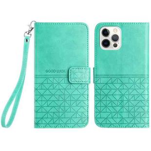 For iPhone 14 Pro Max Rhombic Texture Leather Phone Case with Lanyard(Green)