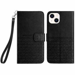 For iPhone 14 Plus Rhombic Texture Leather Phone Case with Lanyard(Black)