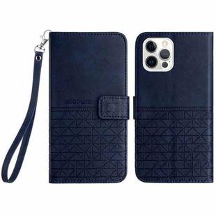 For iPhone 13 Pro Max Rhombic Texture Leather Phone Case with Lanyard(Blue)