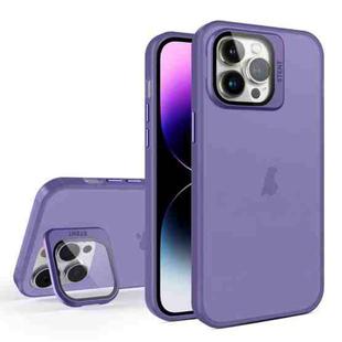For iPhone 15 Pro Skin Feel Lens Holder Translucent Phone Case(Dark Purple)