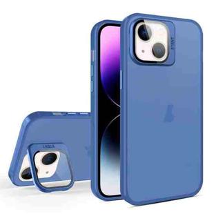 For iPhone 15 Plus Skin Feel Lens Holder Translucent Phone Case(Royal Blue)