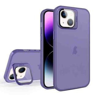 For iPhone 15 Skin Feel Lens Holder Translucent Phone Case(Dark Purple)