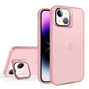 For iPhone 14 Skin Feel Lens Holder Translucent Phone Case(Pink)