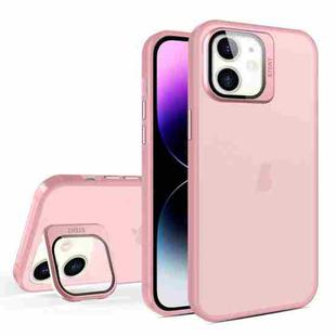 For iPhone 12 Skin Feel Lens Holder Translucent Phone Case(Pink)