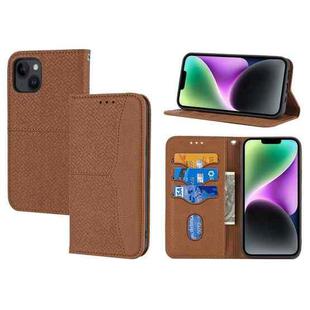 For iPhone 15 Plus Woven Texture Stitching Magnetic Leather Phone Case(Brown)