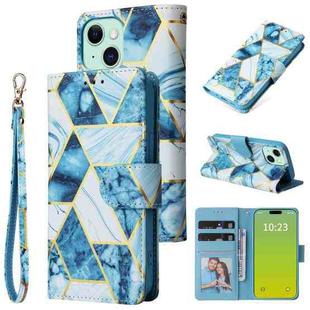 For iPhone 15 Marble Bronzing Stitching Leather Phone Case(Blue)