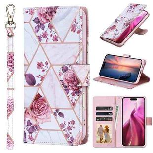 For iPhone 16 Pro Marble Bronzing Stitching Leather Phone Case(Rose Gold)