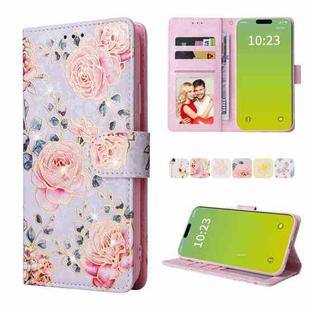 For iPhone 15 Plus Bronzing Painting RFID Leather Case(Pastoral Rose)