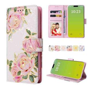 For iPhone 15 Plus Bronzing Painting RFID Leather Case(Rose Flower)