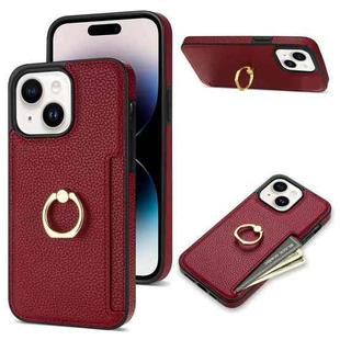 For iPhone 15 Plus Ring Card  Litchi Leather Back Phone Case(Red)