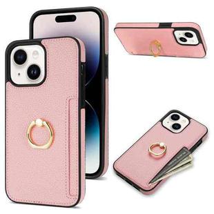 For iPhone 15 Plus Ring Card  Litchi Leather Back Phone Case(Pink)