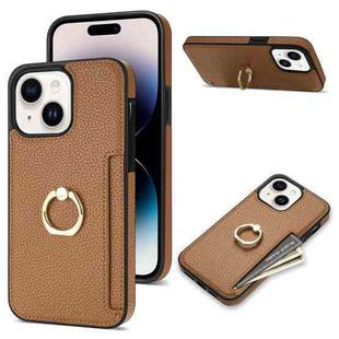 For iPhone 15 Plus Ring Card  Litchi Leather Back Phone Case(Brown)