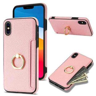 For iPhone XS / X Ring Card  Litchi Leather Back Phone Case(Pink)