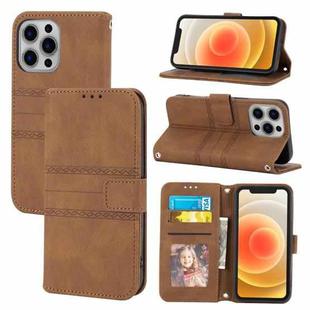 For iPhone 15 Pro Embossed Stripes Skin Feel Leather Phone Case(Brown)