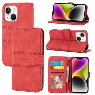 For iPhone 15 Plus Embossed Stripes Skin Feel Leather Phone Case(Red)