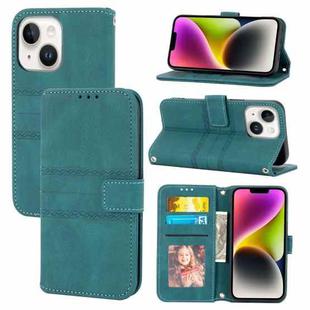 For iPhone 15 Plus Embossed Stripes Skin Feel Leather Phone Case(Dark Green)