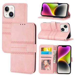 For iPhone 15 Embossed Stripes Skin Feel Leather Phone Case(Pink)