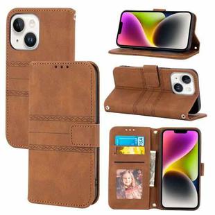 For iPhone 15 Embossed Stripes Skin Feel Leather Phone Case(Brown)