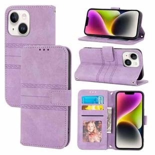 For iPhone 15 Embossed Stripes Skin Feel Leather Phone Case(Light Purple)
