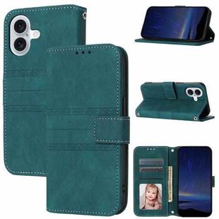 For iPhone 16 Embossed Stripes Skin Feel Leather Phone Case(Dark Green)