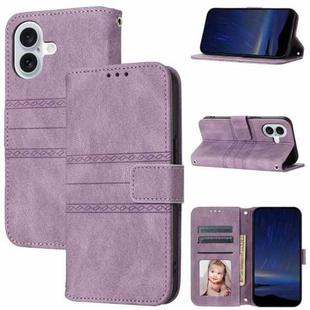 For iPhone 16 Embossed Stripes Skin Feel Leather Phone Case(Light Purple)