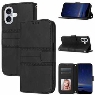 For iPhone 16 Embossed Stripes Skin Feel Leather Phone Case(Black)