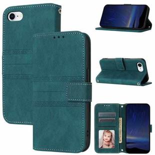 For iPhone SE 2024 Embossed Stripes Skin Feel Leather Phone Case(Dark Green)