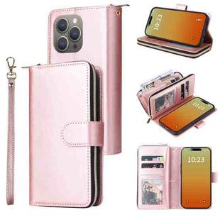 For iPhone 15 Pro Max 9 Card Slots Zipper Wallet Bag Leather Phone Case(Rose Gold)