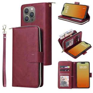 For iPhone 15 Pro Max 9 Card Slots Zipper Wallet Bag Leather Phone Case(Wine Red)