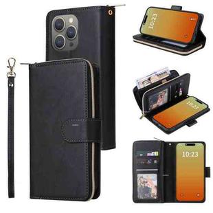 For iPhone 15 Pro Max 9 Card Slots Zipper Wallet Bag Leather Phone Case(Black)