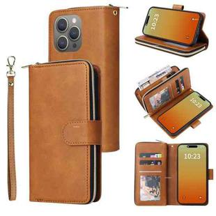 For iPhone 15 Pro Max 9 Card Slots Zipper Wallet Bag Leather Phone Case(Brown)