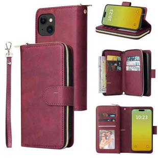 For iPhone 15 9 Card Slots Zipper Wallet Bag Leather Phone Case(Wine Red)