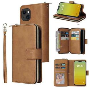 For iPhone 15 9 Card Slots Zipper Wallet Bag Leather Phone Case(Brown)