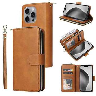 For iPhone 16 Pro Max 9 Card Slots Zipper Wallet Bag Leather Phone Case(Brown)