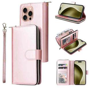 For iPhone 16 Pro 9 Card Slots Zipper Wallet Bag Leather Phone Case(Rose Gold)