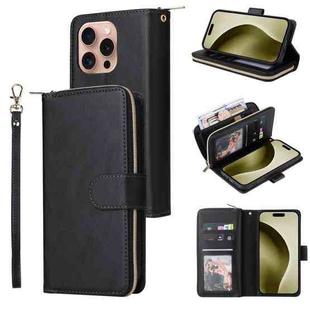 For iPhone 16 Pro 9 Card Slots Zipper Wallet Bag Leather Phone Case(Black)