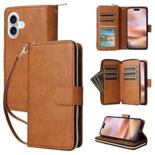 For iPhone 16 Plus 9 Card Slots Zipper Wallet Bag Leather Phone Case(Brown)