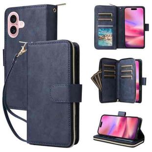 For iPhone 16 9 Card Slots Zipper Wallet Bag Leather Phone Case(Blue)