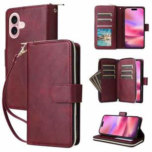 For iPhone 16 9 Card Slots Zipper Wallet Bag Leather Phone Case(Wine Red)